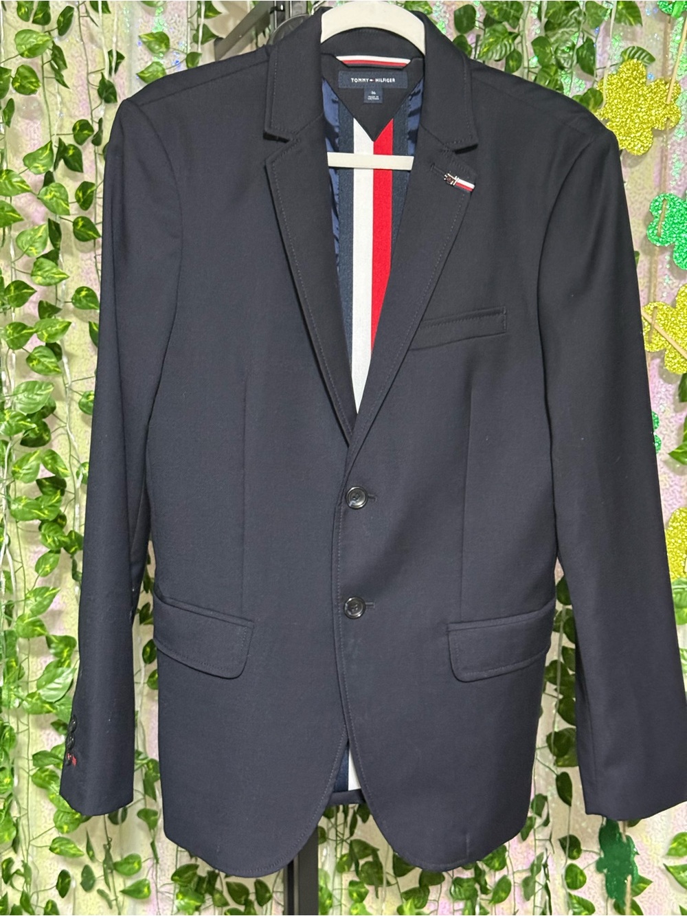 Tommy Hilfiger Men's Vintage Dark Navy Blazer Signature Stripe Lining size 36